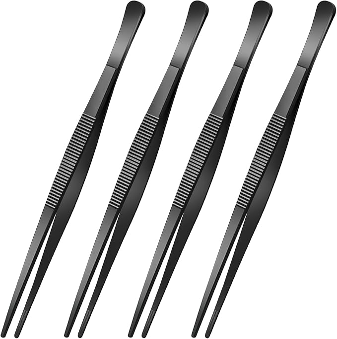 Yaomiao 4 Packs 12 Inch Bar Tweezers Black Long Garnish Tongs Stainless Steel Kitchen Cooking Tongs Tweezers for Food Cocktail Korean BBQ Bartender Chef, Multi-use