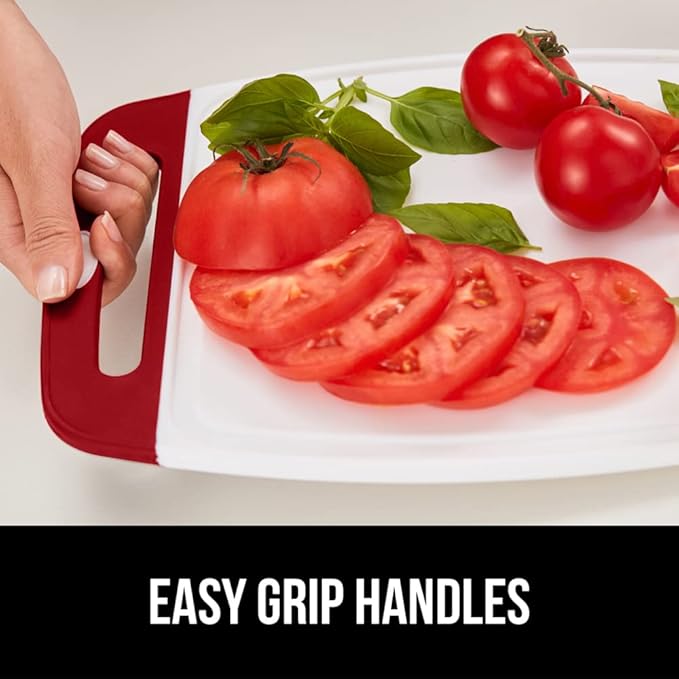 GORILLA GRIP 100% BPA-Free Reversible Kitchen Cutting Board Set of 3, Nonporous, Juice Grooves to Catch Liquid, Slip Resistant Handle Border, Dishwasher Safe, Durable Large Food Chopping Boards, Red
