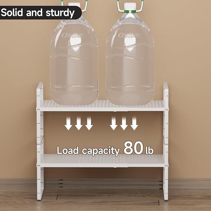 2Pack Expandable Cabinet Countertop Shelves 16.5-27’’L, Adjustable Metal Spice Rack Organizer, Stackable Kitchen Counter Storage Shelves Organizers for Cabinet Organization, White