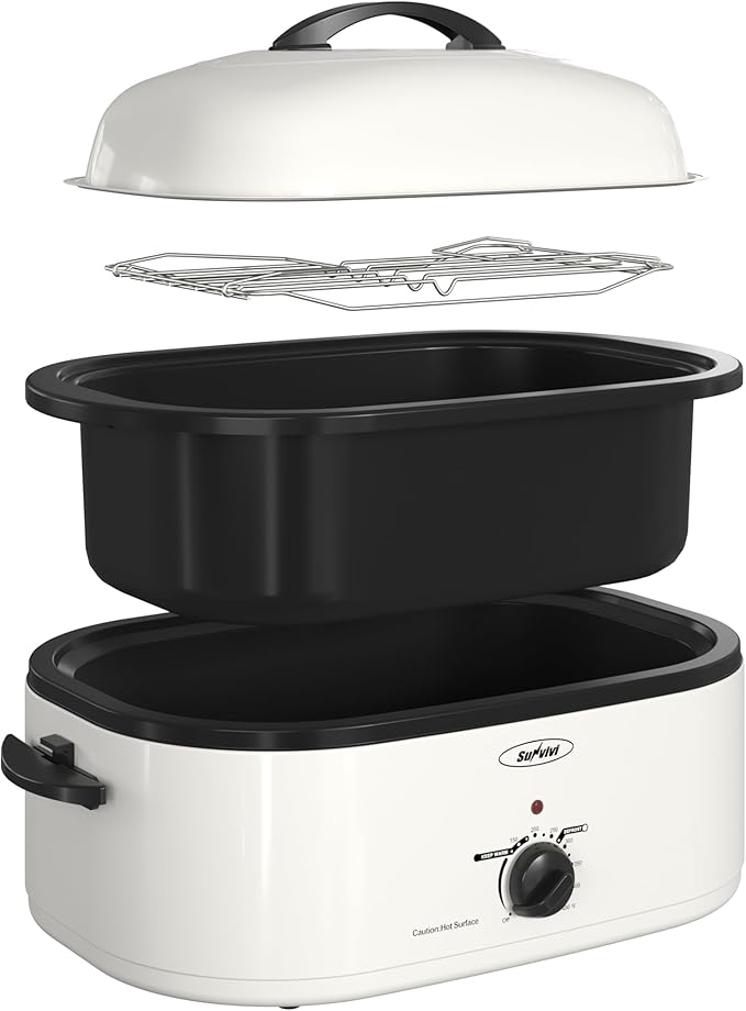 Sunvivi 20-Quart Roaster Oven with Self-Basting Lid, Electric Turkey Roaster Oven with Removable Pan and Rack, Stainless Steel, White