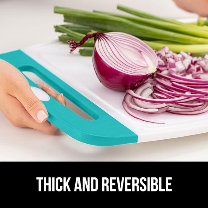GORILLA GRIP BPA-Free Reversible Kitchen Cutting Board Set of 3, US Designed, Nonporous, Juice Grooves Catch Liquid, Slip Resistant Border, Dishwasher Safe Durable Large Food Chopping Boards Turquoise