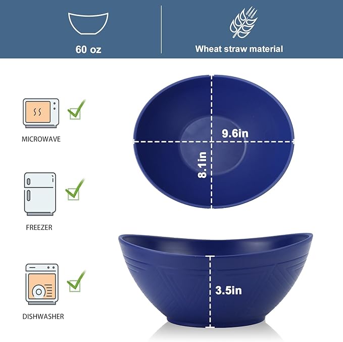 65oz Large Salad Bowls Deep Blue - Wheat Straw Serving Bowls Set of 4 - Unbreakable Serving Bowls Dishware & Microwave Safe - BPA Free Bowl for kitchen,camping