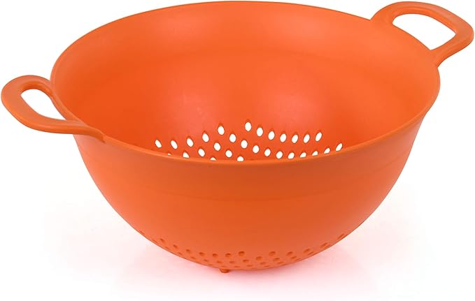 Mintra Home Plastic Strainer Colanders Set: 3, 3.5 and 5 Quart (Orange) Double Strong Handles and Deep Bowl, Safe BPA-Free - Use for Pasta, Noodles, Spaghetti, Vegetables (Assorted Sizes 3pk)