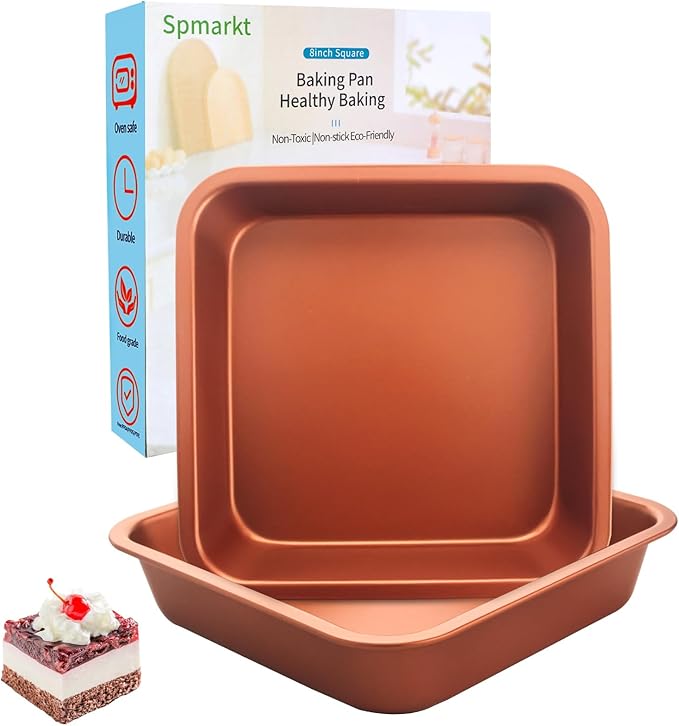 2-Pack 8 inch Square Cake Pan, 8x8 Baking Pan, Cornbread Square Baking Pan, Perfect for Brownies, Lasagna,Oven Safe
