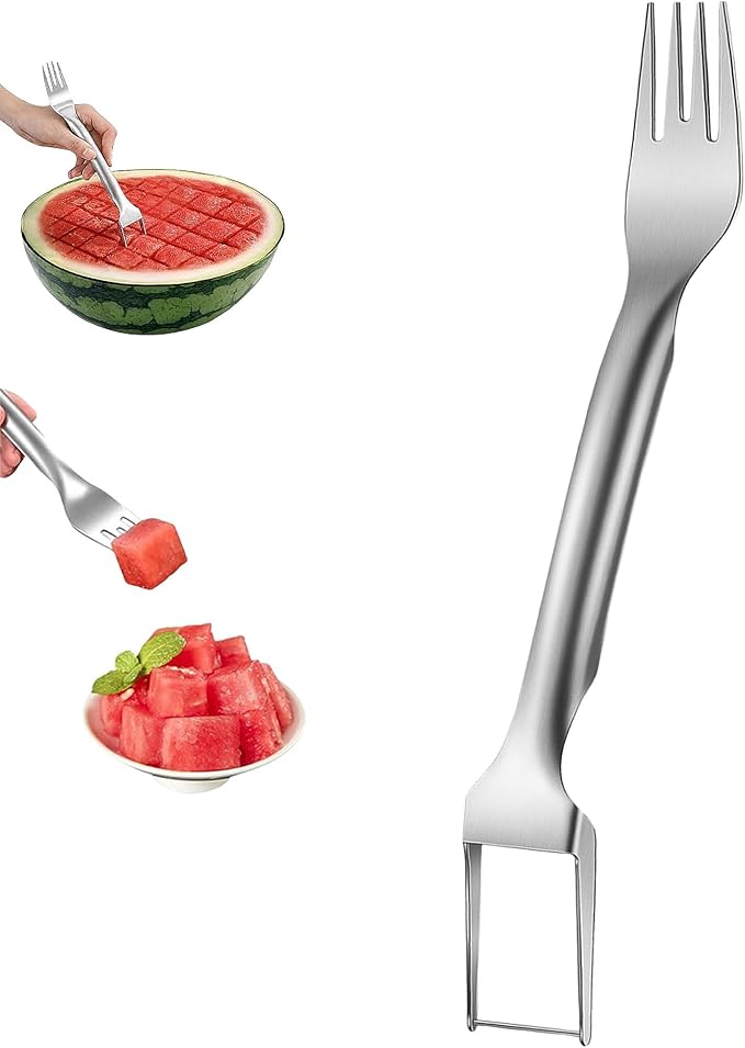 Watermelon Fork Slicer Cutter 2 in 1 & Melon Baller Scoop Set - Stainless Steel Fruits Cutter Kit, Fruit Carving Tools Watermelon Cutter Slicer Tool for DIY Fruit Salads, Melons, Kitchen Gadget (1)