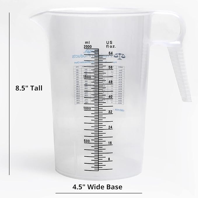 Half Gallon 64oz (2 quart) Measure Pitcher- Conversion Chart-Strong Food Grade - Resistant to Chemicals- Great for Lawn, Pool & Spa, Ag, Home Hobbies, Lye, Cooking, Shop Motor Oil Fluids Made In USA