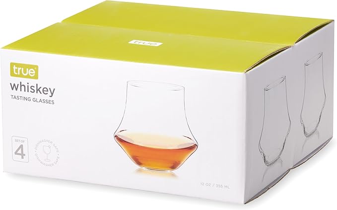 True Whiskey Glasses for Men and Women, Top-notch Bourbon Scotch Whiskey Cups Set, Bar Glassware Drinking Glasses Set of 4, 12 oz
