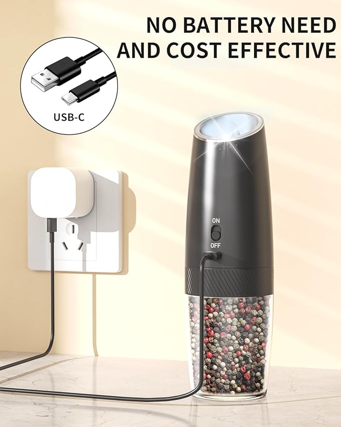 CIRCLE JOY Gravity Electric Pepper Grinder Rechargeable Salt Grinder Pepper Griner Mill Electric with LED Light, No Battery Needed, Adjustable Coarseness, Washable 135ml Container, Black