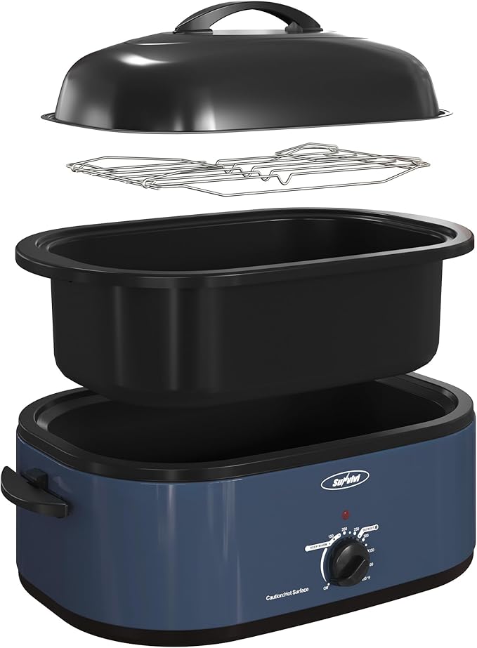 Sunvivi 20-Quart Roaster Oven with Self-Basting Lid, Electric Turkey Roaster Oven with Removable Pan and Rack, Stainless Steel, Blue