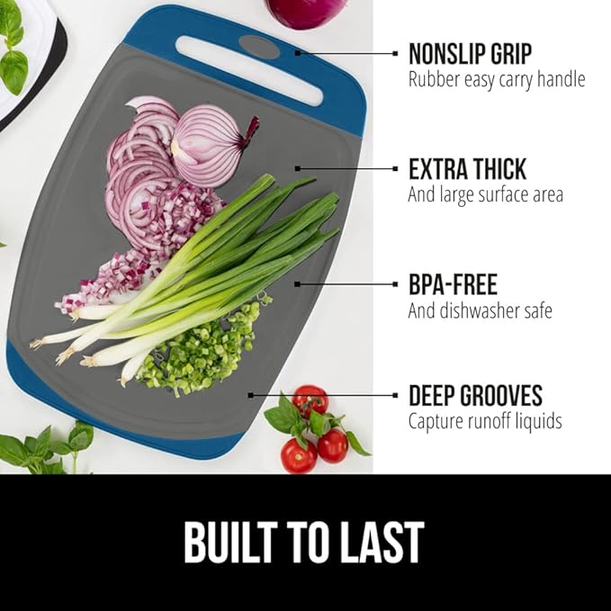 GORILLA GRIP BPA-Free Reversible Kitchen Cutting Board Set of 3, US Designed, Nonporous, Juice Grooves Catch Liquid, Slip Resistant Border, Dishwasher Safe, Durable Food Chopping Boards, Blue Gray