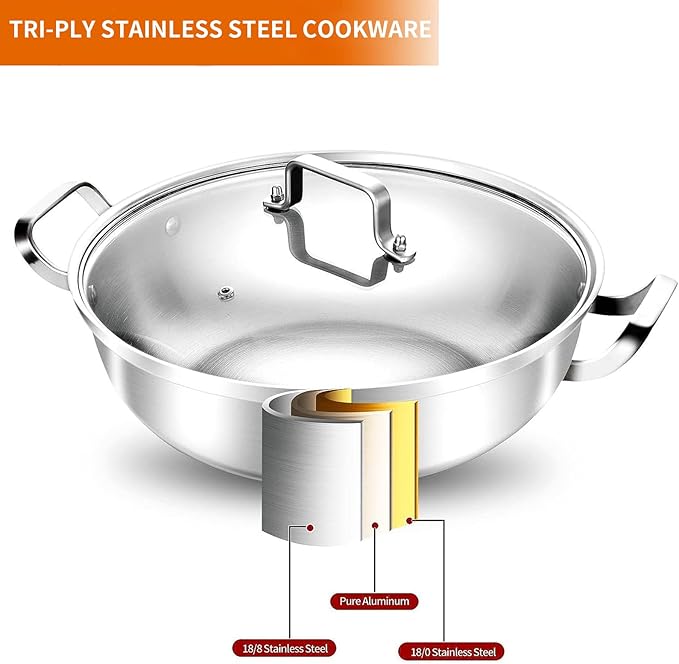 DELARLO Tri-Ply Stainless Steel 12 inch Everyday Pan with Glass Lid, Deep Saute Pan, Kitchen Everything Pan, High Side Chef's Pans, Induction Cooking Pot, Dishwasher Safe, 4QT Stock Pot Up To 600℉