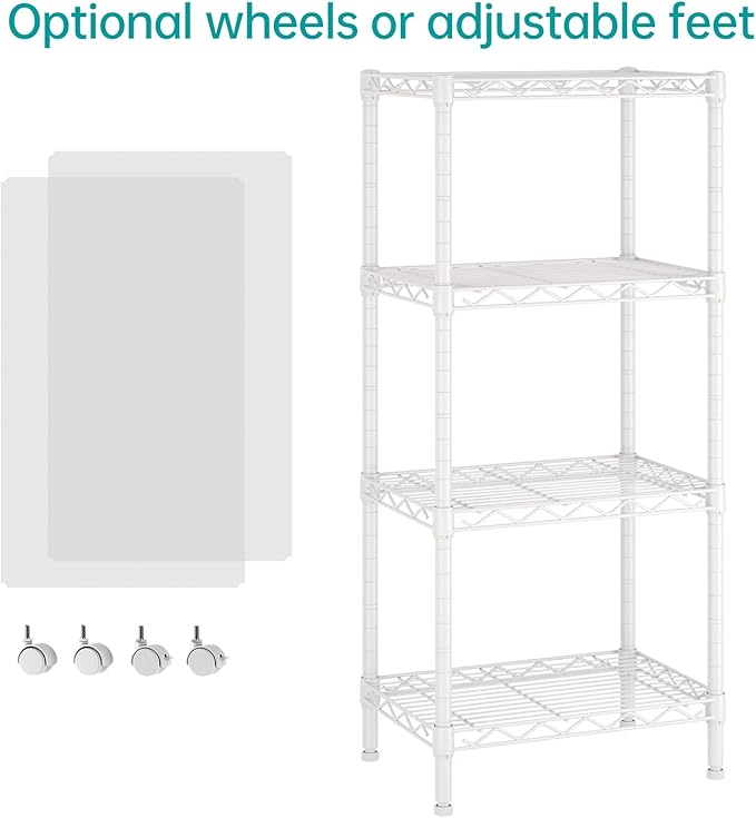SINGAYE 4 Small Shelves Storage Shelf Wire Shelving Unit Metal Shelf Adjustable Organizers Storage Shelving with Wheels for Bathroom Laundry Room Kitchen Pantry11.5”D x 17.3”W x 44.5”H White