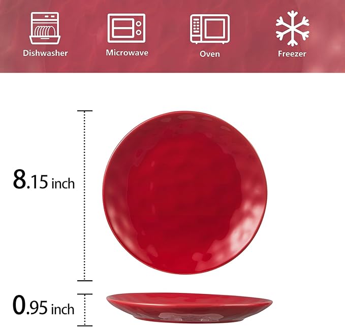 vicrays Ceramic Dessert Salad Plates, 8 Inch, Microwave, Oven, and Dishwasher Safe, Round, Porcelain Fluted Suitable for Snacks, Appetizer, Home, Party, Restaurant - Set of 6 Red