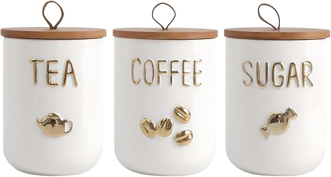 YYW Kitchen Canisters for Countertop, White Airtight Ceramic Canister with Seal Wooden Lid Storage Container for Coffee Bean Ground Coffee Sugar and Tea (Three piece)