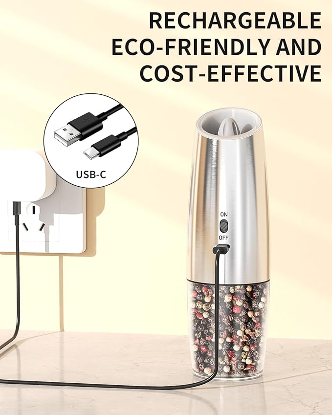 CIRCLE JOY Rechargeable Gravity Electric Salt and Pepper Grinder Set, Stainless Steels Salt and Pepper Mills with LED Light, No Battery Needed, Adjustable Coarseness, Washable 135ml Container, Silver