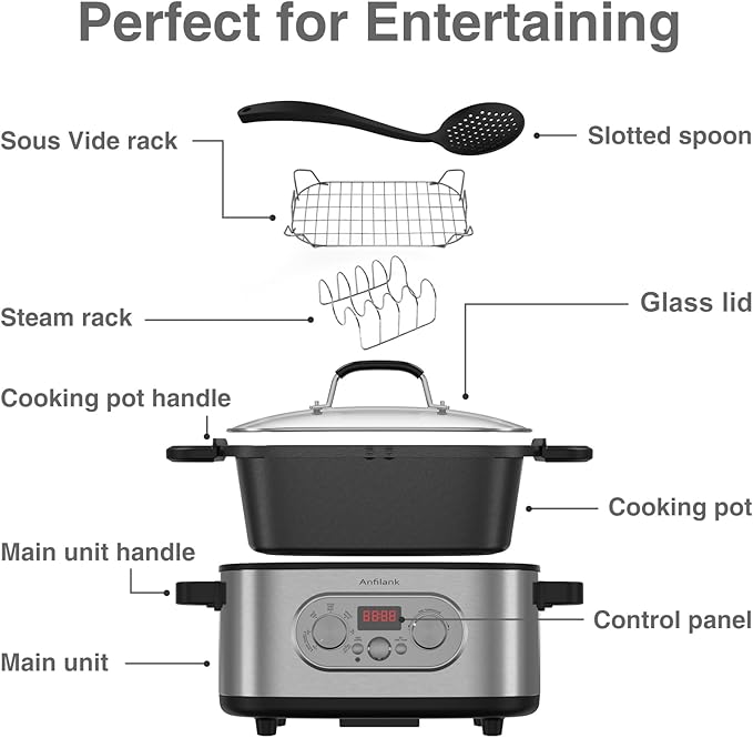10-in-1 Programmable Slow Cooker with Timer, 6.8 Quart Crock Pot, Presets to Sous Vide, Bake, Sauté, Cook Rice& More, Nonstick Dishwasher-Safe Pot, Adjustable Temp&Time, Stainless Steel