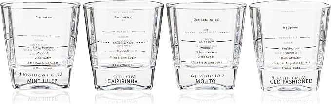 TRUE Cocktail Rocks Glasses with Recipes for Old Fashioned, Mojito, Mint Julep & Caipirinha, Old Fashioned Glasses, Bar Glassware, 8.5 oz, Set of 4