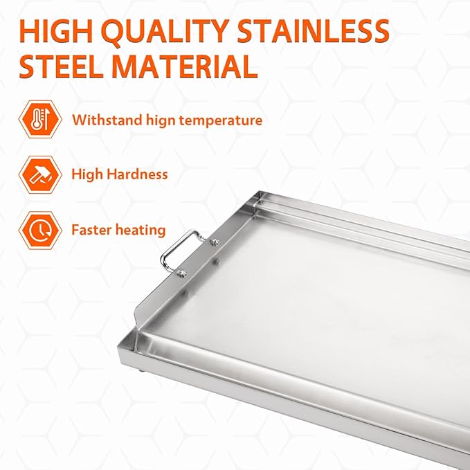 LotFun 25" x 16" Stainless Steel Cooking Griddle for Outdoor Gas Grill, Universal Griddle Flat Top Plate Insert with Grease Groove and Removable Handles for Electric/Charcoal/Gas Grill, Camping,Party