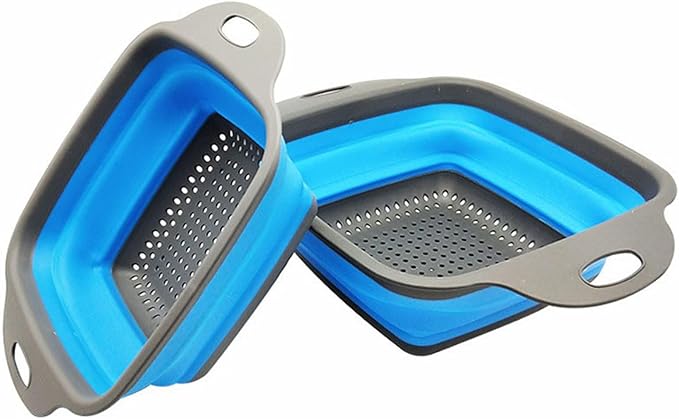 2 PCS Collapsible Colander, Collapsible Strainers for Kitchen, 11.5 inch Silicone Strainer and 9.5 inch Silicone Colander for Draining Vegetable fruit, Kitchen Food Strainer, Blue
