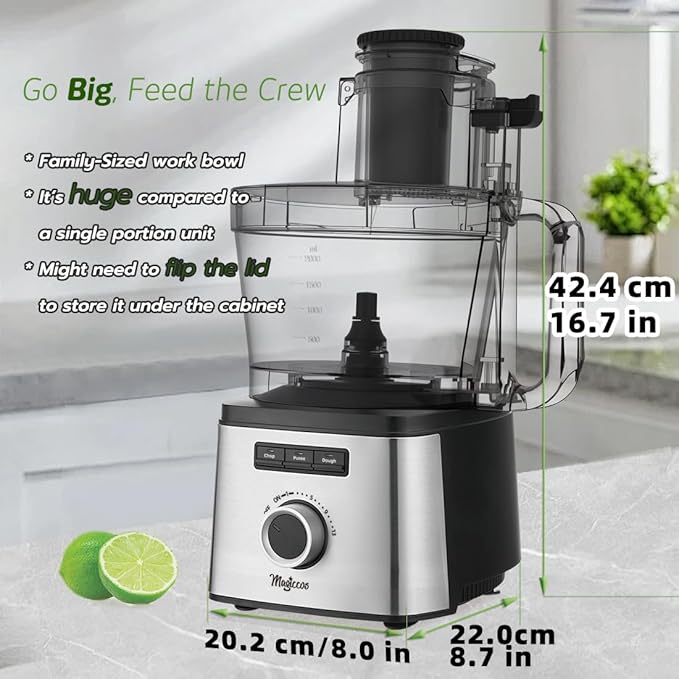 14-Cup Lemon Slicer Food-Processor - Large Feed Chute, 13 Speeds & Pulse, 3 Programs，Cheese Shredding, Cutting Fries, Meat Chopping, Shredding and Slicing, Mixing and Doughing, for Home Use