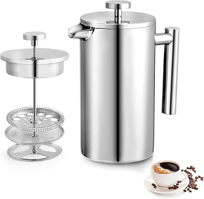 34oz French Press Coffee Maker, 1000ml Stainless Steel Double Insulated Cafetiere 8 Cup Espresso Coffee Press, Portable Coffee Plunger Pot for Home, Office, Camping
