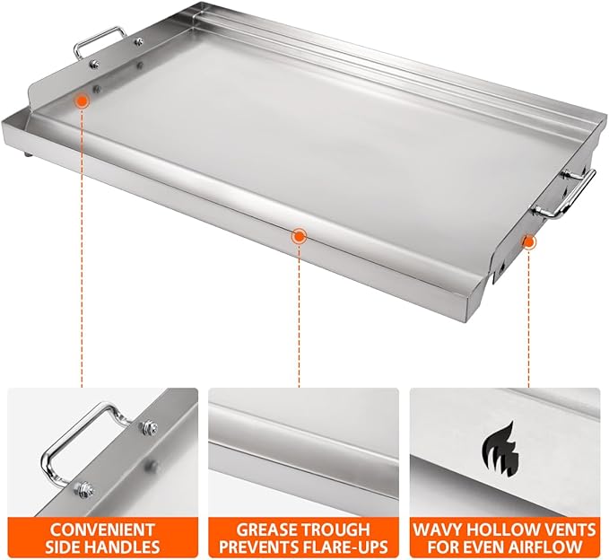 LotFun 25" x 16" Stainless Steel Cooking Griddle for Outdoor Gas Grill, Universal Griddle Flat Top Plate Insert with Grease Groove and Removable Handles for Electric/Charcoal/Gas Grill, Camping,Party