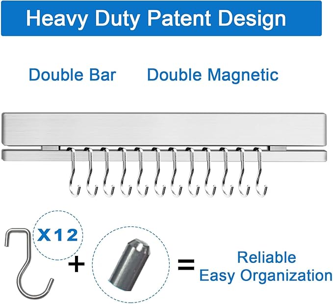 17 Inch Magnetic Knife Holder for Refrigerator with 12 Hooks - Double Sided Magnetic Knife Strip for Fridge - Premium Magnetic Knife Bar Rack - 304 Stainless Steel Kitchen Utensil Hanger