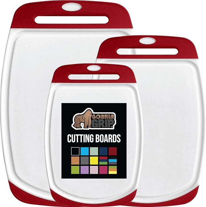 GORILLA GRIP 100% BPA-Free Reversible Kitchen Cutting Board Set of 3, Nonporous, Juice Grooves to Catch Liquid, Slip Resistant Handle Border, Dishwasher Safe, Durable Large Food Chopping Boards, Red