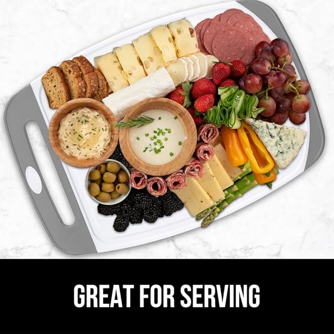GORILLA GRIP 100% BPA-Free Reversible Kitchen Cutting Board Set of 3, Nonporous, Juice Grooves to Catch Liquid, Slip Resistant Handle Border, Dishwasher Safe, Durable Large Food Chopping Boards, Gray