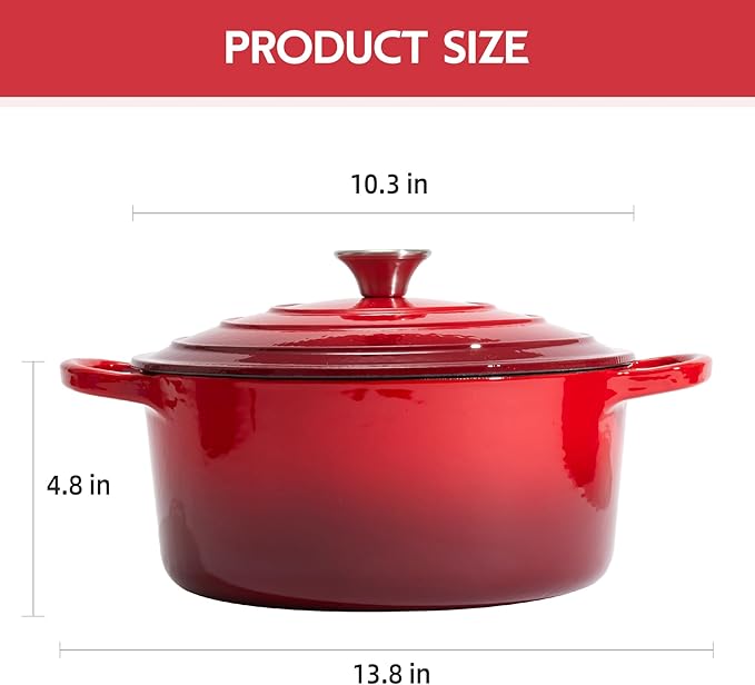 6 Quart Dutch Oven Enameled Cast Iron with Lid - Big Dual Handles - Oven Safe up to 500°F - Classic Round Pot for Versatile Cooking (Red, 6 QT)