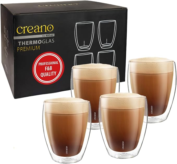 Creano Premium Double-Walled Drinking Glasses 12.5oz / 400 ml - Set of 6 - Professional Quality - 100% Dishwasher Safe (4x 12.5oz)