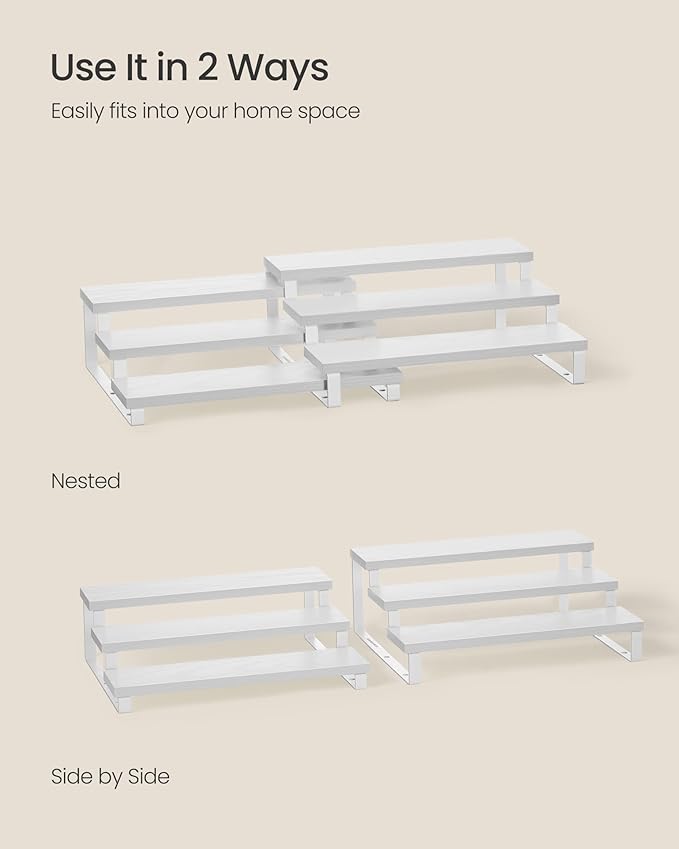 SONGMICS Display Risers, Set of 2 Engineered Wood Perfume Organizer Stand, 3-Tier Cupcake Stand Holder, Spice Rack, Shelf Risers for Figures, Dessert Shelves, Snow White and Cloud White UKCS116W01