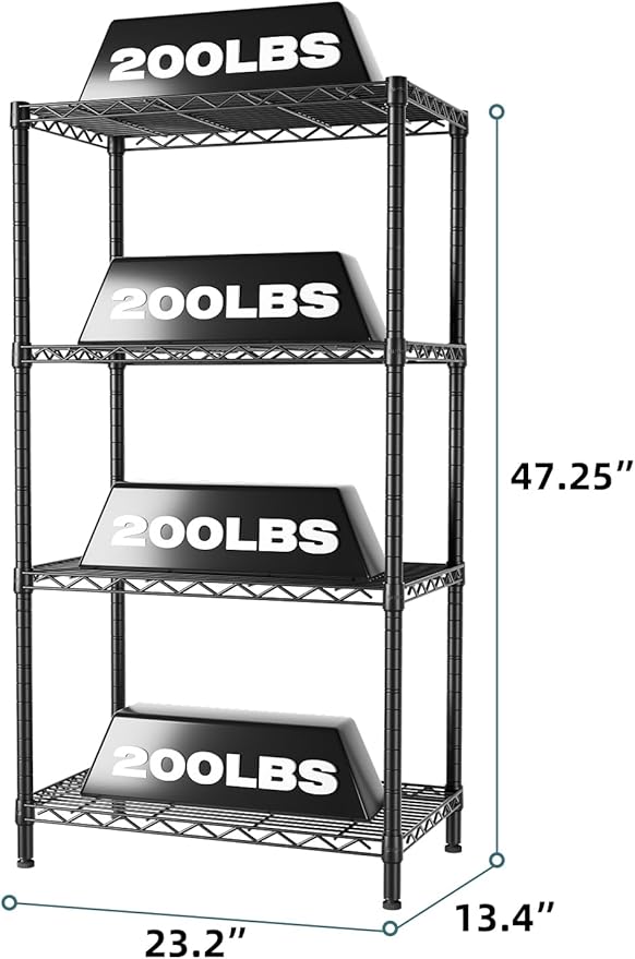 SINGAYE 4 Tier Storage Rack Wire Shelving Unit Shelves Metal for Pantry Closet Shelve Organization Kitchen Laundryroom 800Lbs Capacity 24" D x 14" W x 48" H Black
