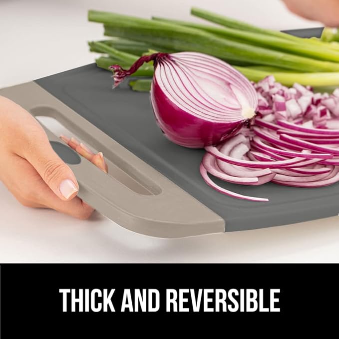 GORILLA GRIP BPA-Free Reversible Kitchen Cutting Board Set of 3, US Designed, Nonporous, Juice Grooves Catch Liquid, Slip Resistant Border, Dishwasher Safe, Durable Food Chopping Boards, Almond Gray