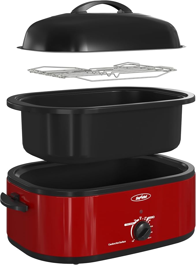 Sunvivi 18-Quart Roaster Oven with Self-Basting Lid, Electric Turkey Roaster Oven with Removable Pan and Rack, Stainless Steel, Red