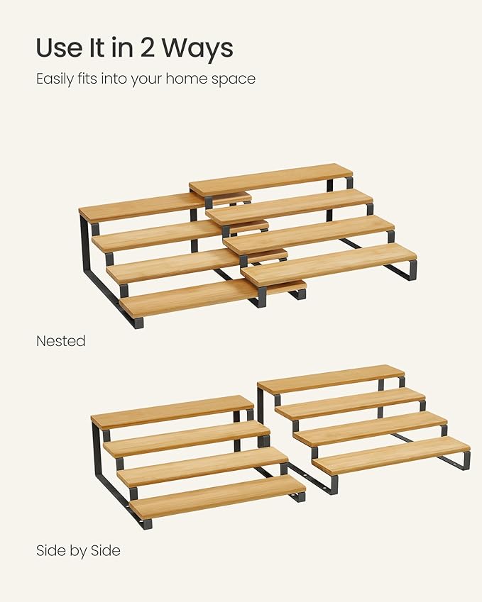 SONGMICS Display Risers, Set of 2 Engineered Wood Perfume Organizer Stand, 4-Tier Cupcake Stand Holder, Spice Rack, Shelf Risers for Figures, Dessert Shelves, Natural Beige and Ink Black UKCS216N01