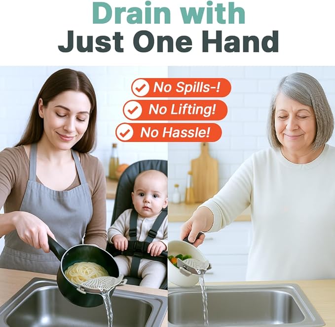 Silicone Clip-On Strainer for Pots and Pans (2 Pack) – Easy One-Handed Pasta and Noodle Draining Tool, BPA-Free Kitchen Gadget, Dishwasher Safe