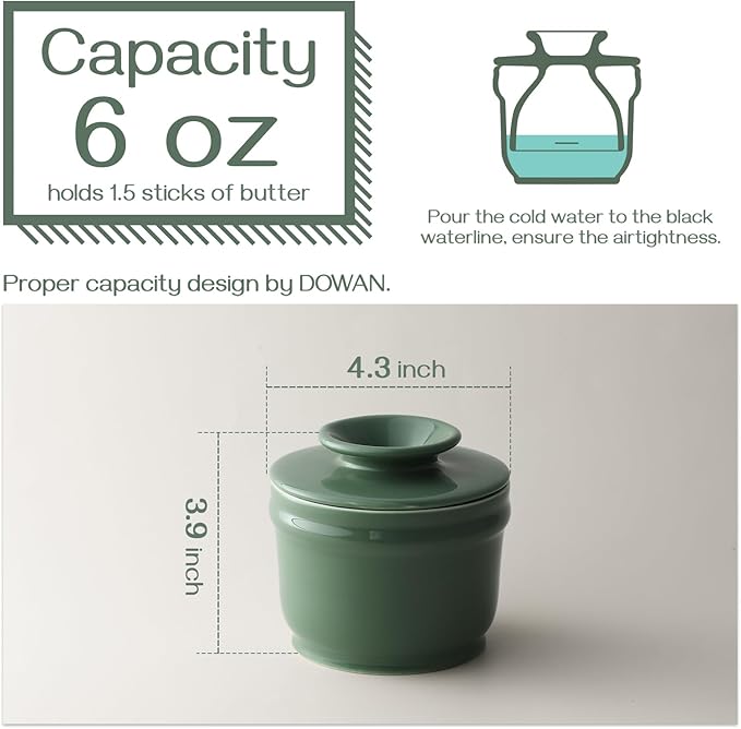DOWAN Porcelain Butter Crock, Butter Keeper with Water Line, French Butter Dish for Soft Fresh Butter, Butter Container with Lid, No More Hard Butter, Green