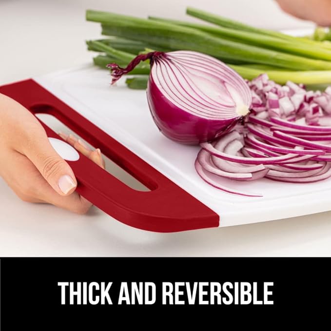 GORILLA GRIP 100% BPA-Free Reversible Kitchen Cutting Board Set of 3, Nonporous, Juice Grooves to Catch Liquid, Slip Resistant Handle Border, Dishwasher Safe, Durable Large Food Chopping Boards, Red
