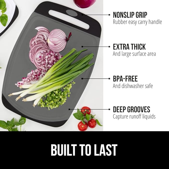 GORILLA GRIP BPA-Free Reversible Kitchen Cutting Board Set of 3, US Designed, Nonporous, Juice Grooves Catch Liquid, Slip Resistant Border, Dishwasher Safe, Durable Food Chopping Boards, Black Gray