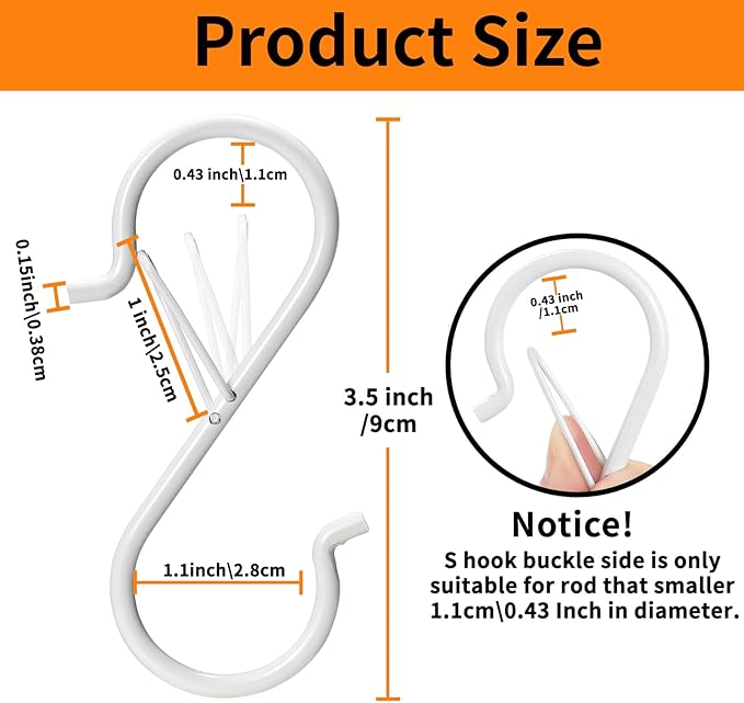 48 PCS S Hooks for Hanging with Safety Buckle, 3.5 inch Heavy Duty Metal S Shaped Hooks for Kitchen Utensil, Cups, Pots, Plants, Bags, Hats (White)