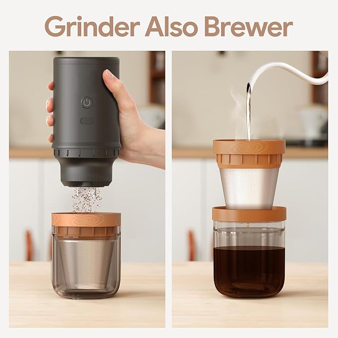 2-IN-ONE Compact Electric Burr Coffee Grinder Durable SUS420 Stainless Steel Grinding Core | Double Brewing Model | One Press | USB Charging Electric Coffee Grinder Mini Camping