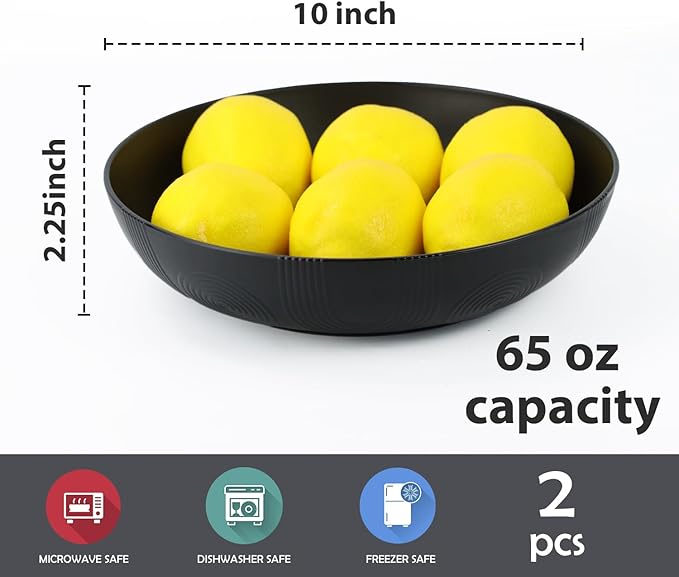 Wheat Straw Salad Bowls,65oz Unbreakable Wide and Shallow Dinner Bowls Set of 2,Microwave Safe Reusable Plastic Salad Bowls for Kids, Adults,Salad,Camping,RV.Black and White