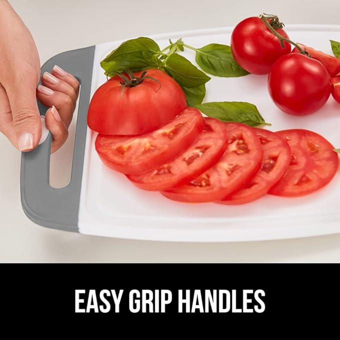 GORILLA GRIP 100% BPA-Free Reversible Kitchen Cutting Board Set of 3, Nonporous, Juice Grooves to Catch Liquid, Slip Resistant Handle Border, Dishwasher Safe, Durable Large Food Chopping Boards, Gray