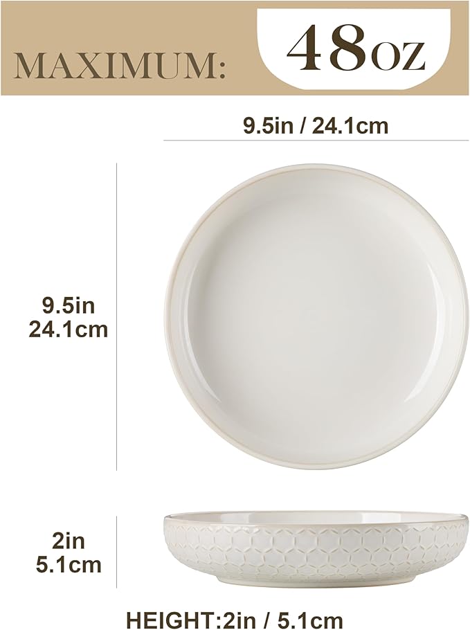 MALACASA Pasta Bowls 48 Oz, 9.5 Inch Large Salad Bowls, Modern Relief Design Ceramic Serving Bowls, Wide and Shallow Plates Pasta Plates, Microwave & Dishwasher Safe, Set of 4, Series LYDIA