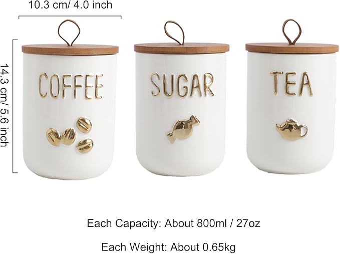 YYW Kitchen Canisters for Countertop, White Airtight Ceramic Canister with Seal Wooden Lid Storage Container for Coffee Bean Ground Coffee Sugar and Tea (Three piece)