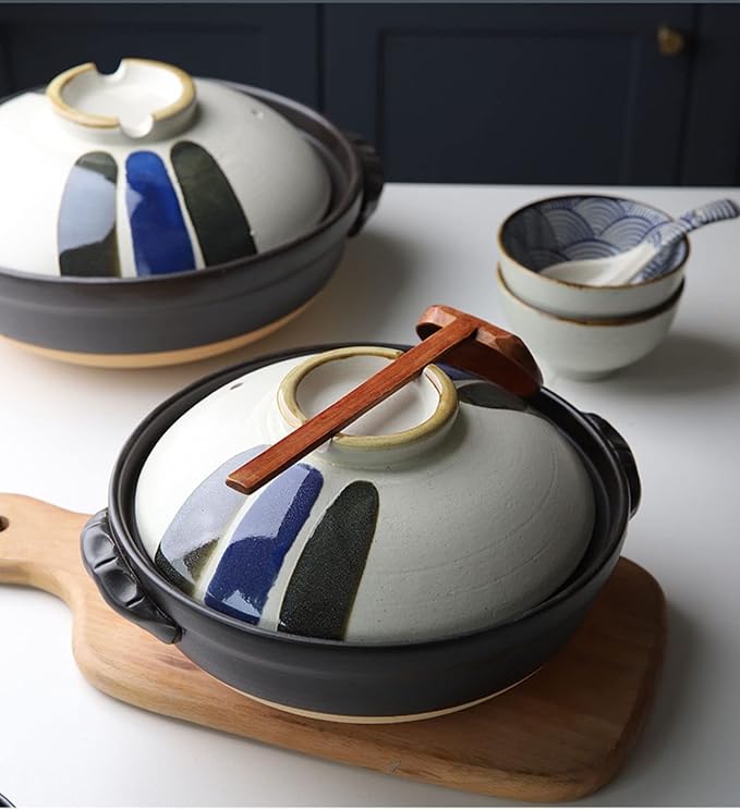 Japanese Ceramic Hot Pot Ceramic Stockpot Clay Cooking Pot Cookware Stovetop, Heat Resistant Casserole with Lid,Small Round Earthenware Clay Pot,Rice Cooker for Stew Soup Noodles,1.9l