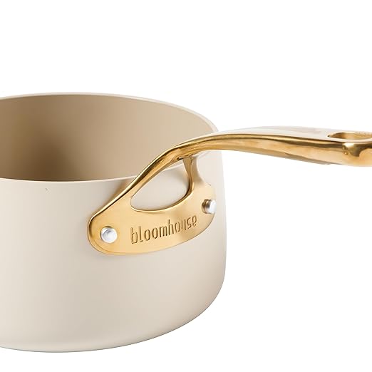 bloomhouse 3 Quart Heavy Duty Aluminum Premium PFA Free Ceramic Nonstick Saucepan with Lid - Almond Cream w/Gold Handle
