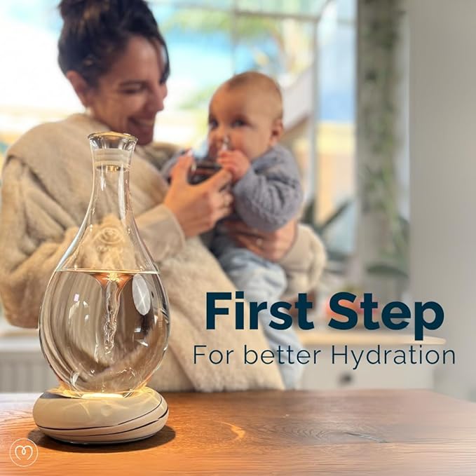 MAYU Swirl Structured Water Pitcher - Handblown Glass Carafe 1.5 Liter Design Jug - Dispenser Stand with Innovative Vortex Technology - Great for Reverse Osmosis Filter Users |51 Oz (Onyx Base)