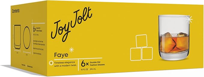 JoyJolt Faye Crystal Whiskey Glasses, Lowball Glasses Set of 6, 10oz Short Glass Tumbler, Double Old Fashioned Rocks Glass for Scotch or Bourbon, Dishwasher Safe Glassware